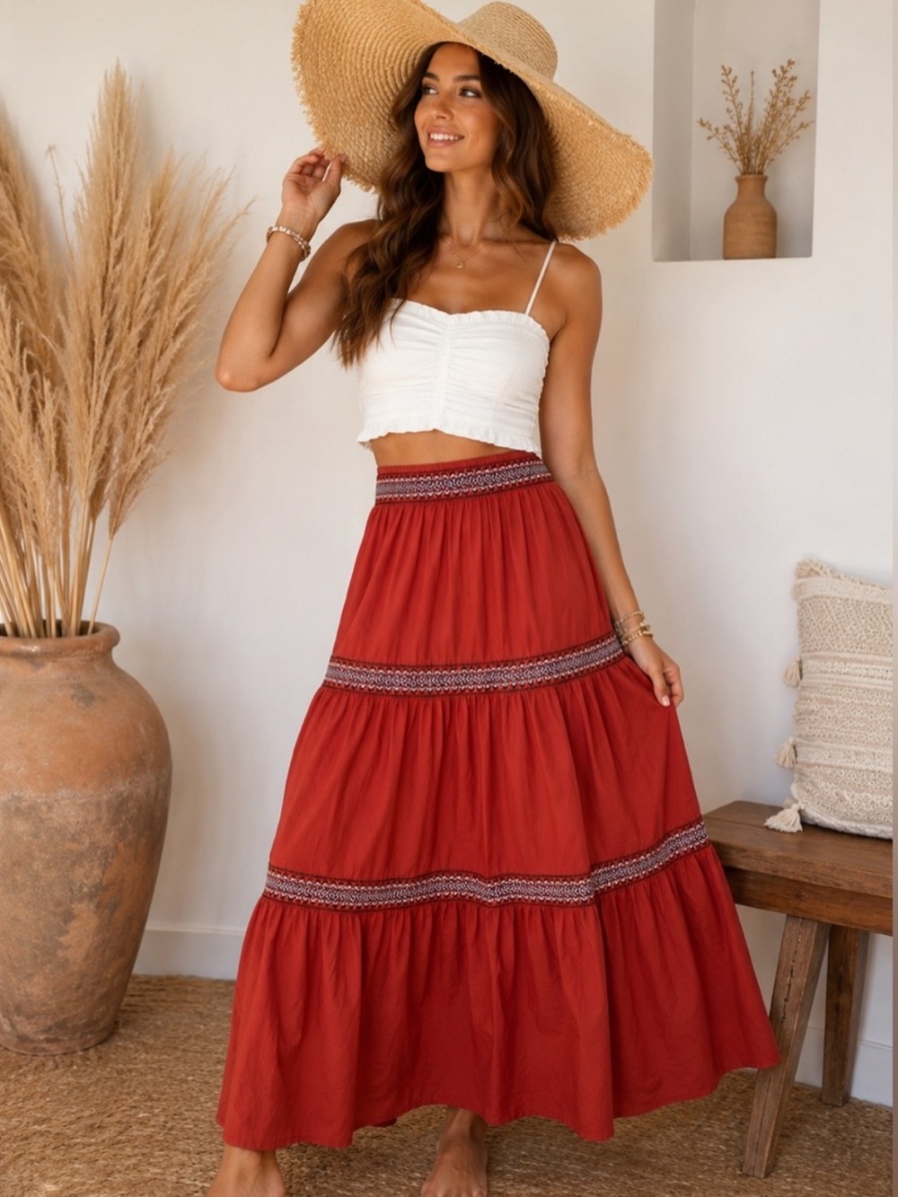 A Loves A Tiered Rust Maxi Skirt with Embroidered Bands